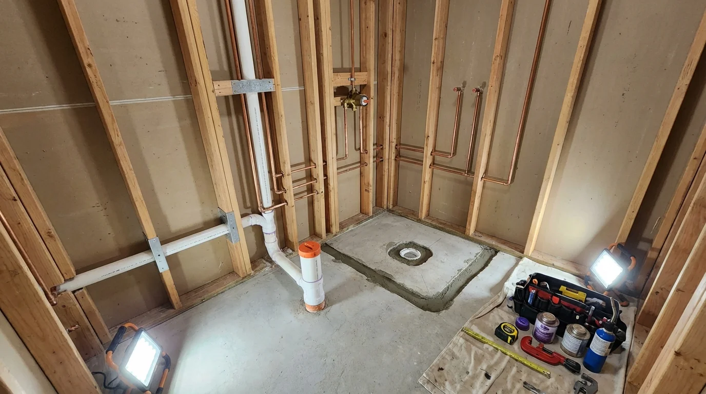 Bathroom rough-in plumbing during remodel by Johns Plumbing LLC in Byers