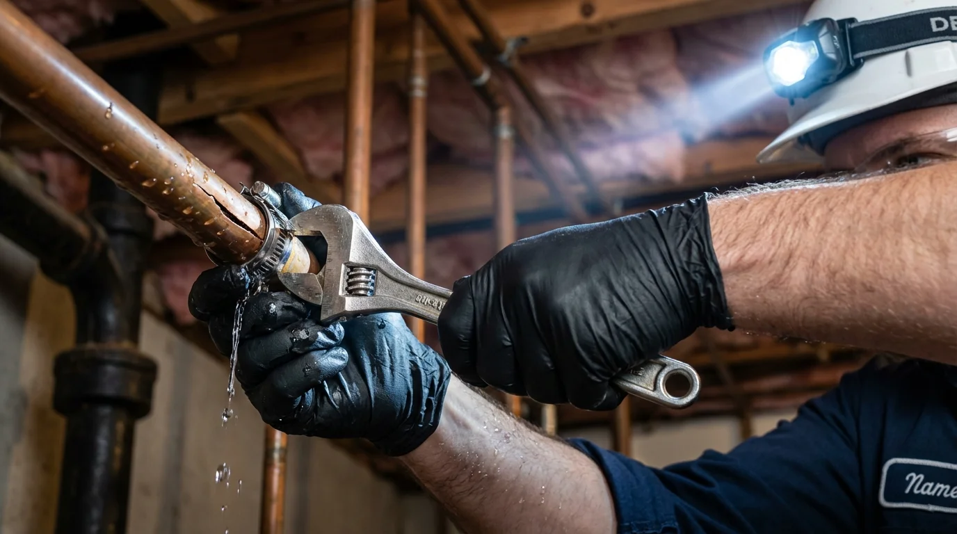 Emergency pipe clamp repair being performed by a Johns Plumbing LLC plumber in Byers
