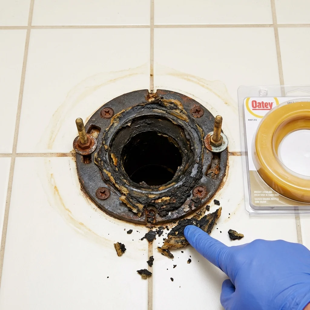 Failed wax ring showing water seepage at the base of a toilet in a Byers, CO home