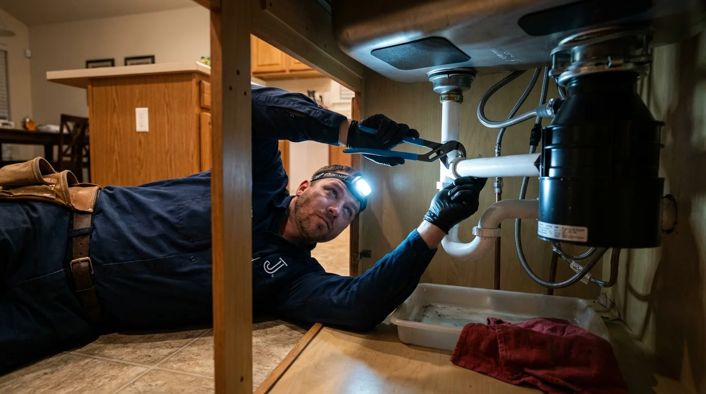 P-trap and supply line connections under a kitchen sink showing a common leak point in Byers, CO